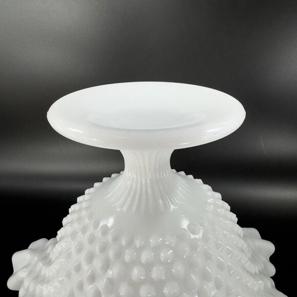 Fenton White Hobnail Footed Compote Ruffled Rim Edges Pedestal Bowl Dish Vintage - Picture 15 of 16